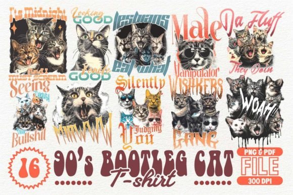 90's Bootleg Cat T-shirt Design Bundle